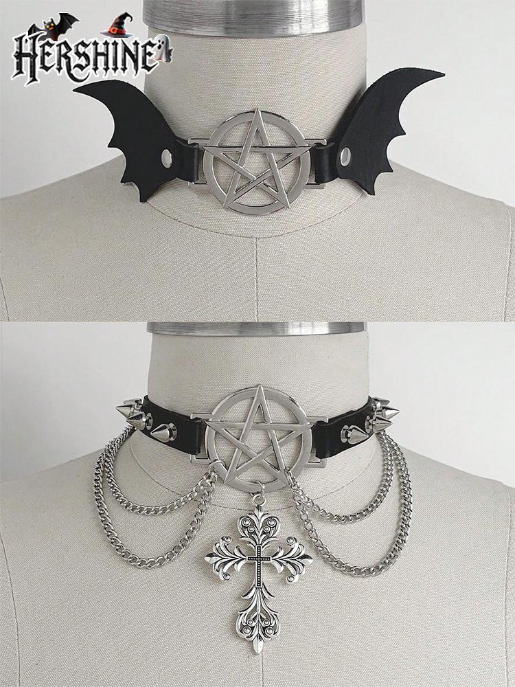 HERSHINE 2-piece Halloween theme collar cross pentagram wings accessories Y2K Gothic style Halloween cosplay accessories