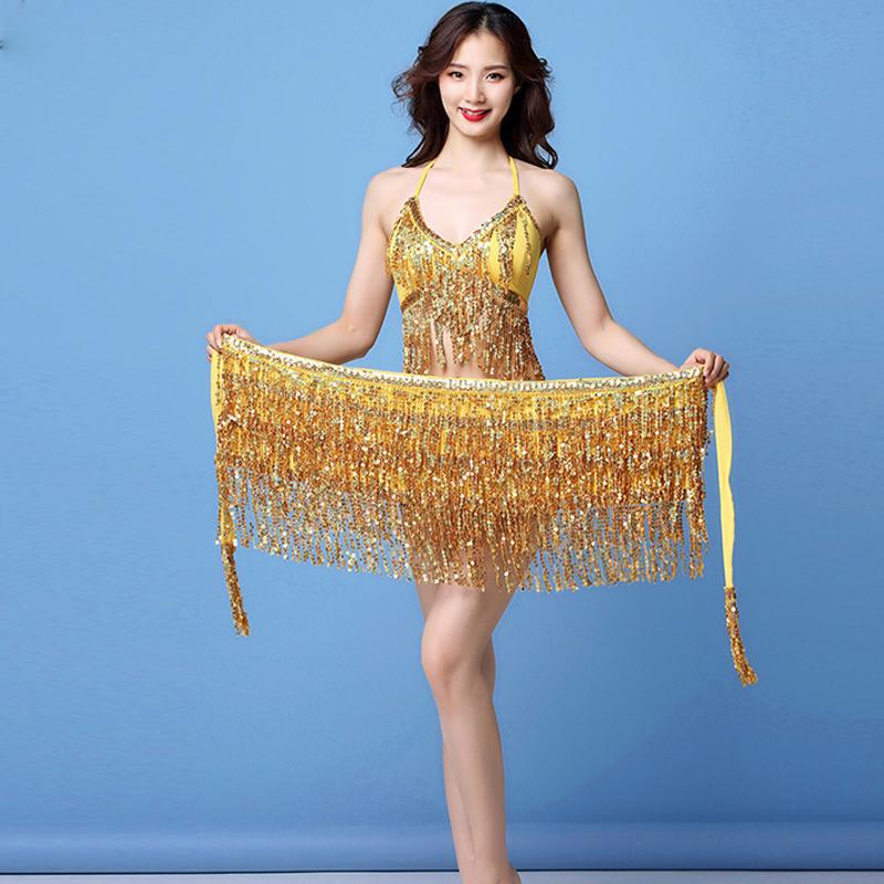 Belly Dance Top Bra Belt Set Latin Sequin Fringe Halter Hip Skirt Sexy Party Costume 4 Layer Tassel Stage Performance Cloth Wear