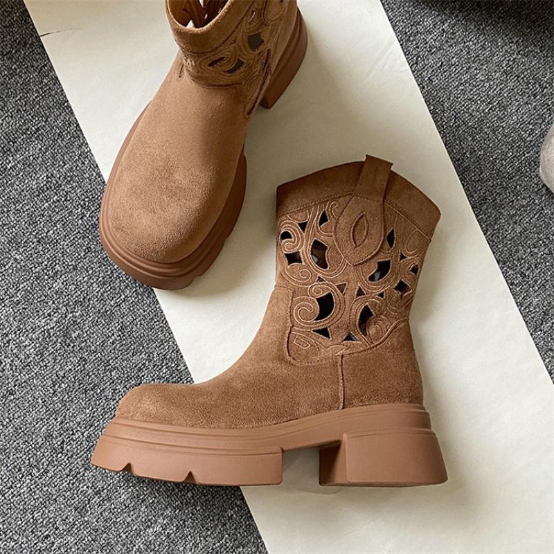 New Women's Suede Western Cowboy Boots, Thick Sole Vintage Cutout, Breathable Elevated Heel, Summer Ankle Boots