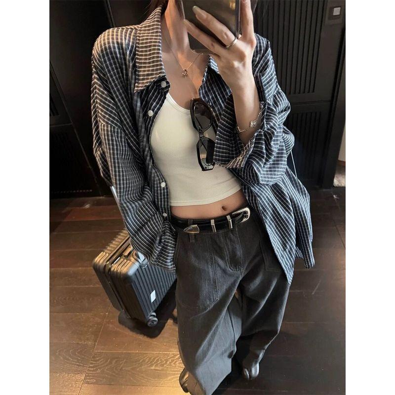 Blues Moment Retro Loose Slimming Long Sleeve Versatile Plaid Shirt for Women Spring/Summer Vintage Style Plaid S