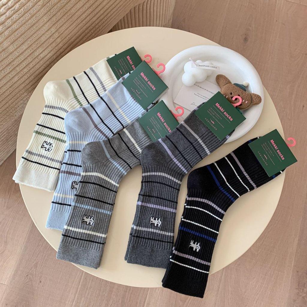 Cartoon Puppy Embroidery Cute Socks Women Autumn and Winter Middle Tube Socks Korean Striped Cotton Knitted Elastic Long Socks