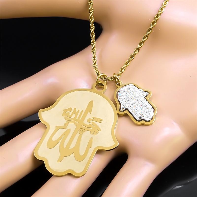 Lucky Crystal Hamsa Hand of Fatima Arabic Necklace for Women Men Stainless Steel Gold Color Necklaces Jewelry Gifts NXS05