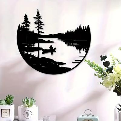 1 Pz Di Arte Murale in Metallo Stile Bohemien Siluetta Scenica di Lago e Montagna Scultura Rotonda da Esterno Decorazione da Parete per Casa e Patio