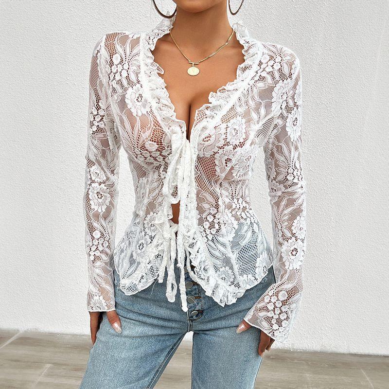 

Summer Sexy Slim fit Long sleeve Lace Top Long Sleeved T-shirt with Lace Top White XS