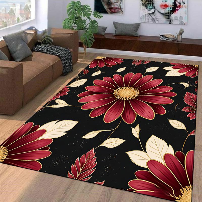 Red Floral Carpet with Golden Leaves On Black Background Design Suitable for Use As an Anti-slip for Living Room Bedroom Sofas