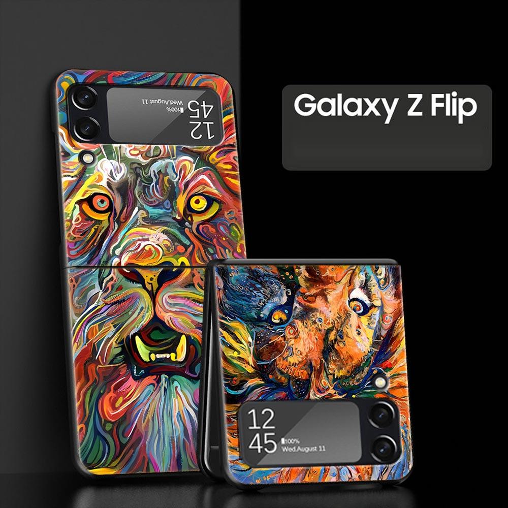 Abstract Surreal Animal Lion Phone Case for Samsung Galaxy Z Flip 3 4 5 Black Folding Mobile Shell Hard PC Coque Protect Cover