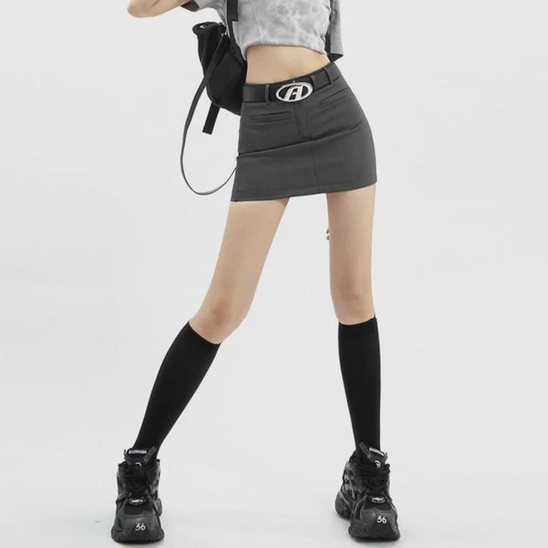 American Retro Gray High-Waist A-Line Skirt for Women - Spring 2024 Slim Fit