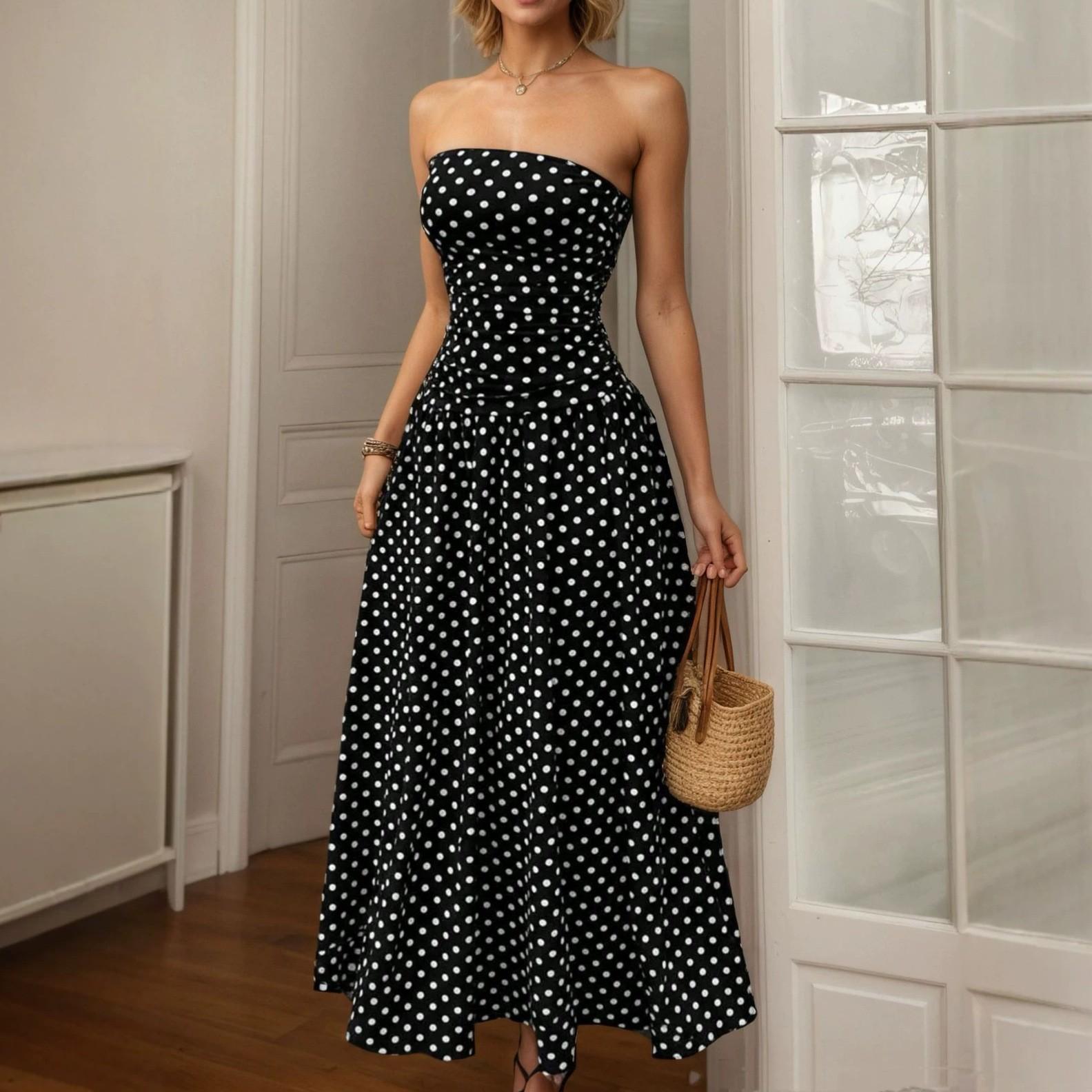 Women Retro Polka Dot Strapless Slim Fit A Line Long Dress L