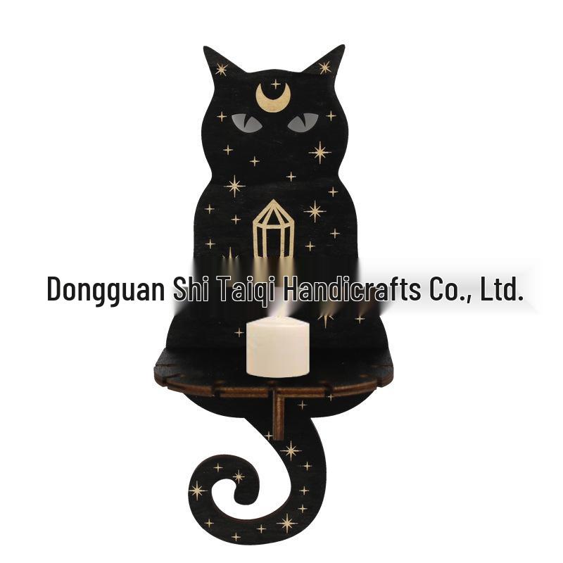 Wooden Cat Carving Wall Ornament with Crystal Pendant & Candlestick
