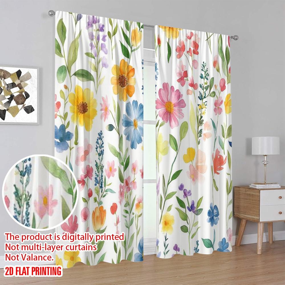 2pcs,2D Plane Printing Curtain Popular Blooming Canvas Versatile Polyester (without Rod) Festive for Kitchen Living Room Office