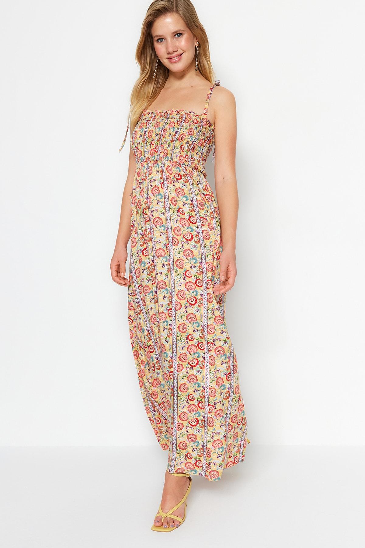 

Разноцветное прямое платье макси из тканого жиппе с цветочным принтом TWOSS23EL01392..