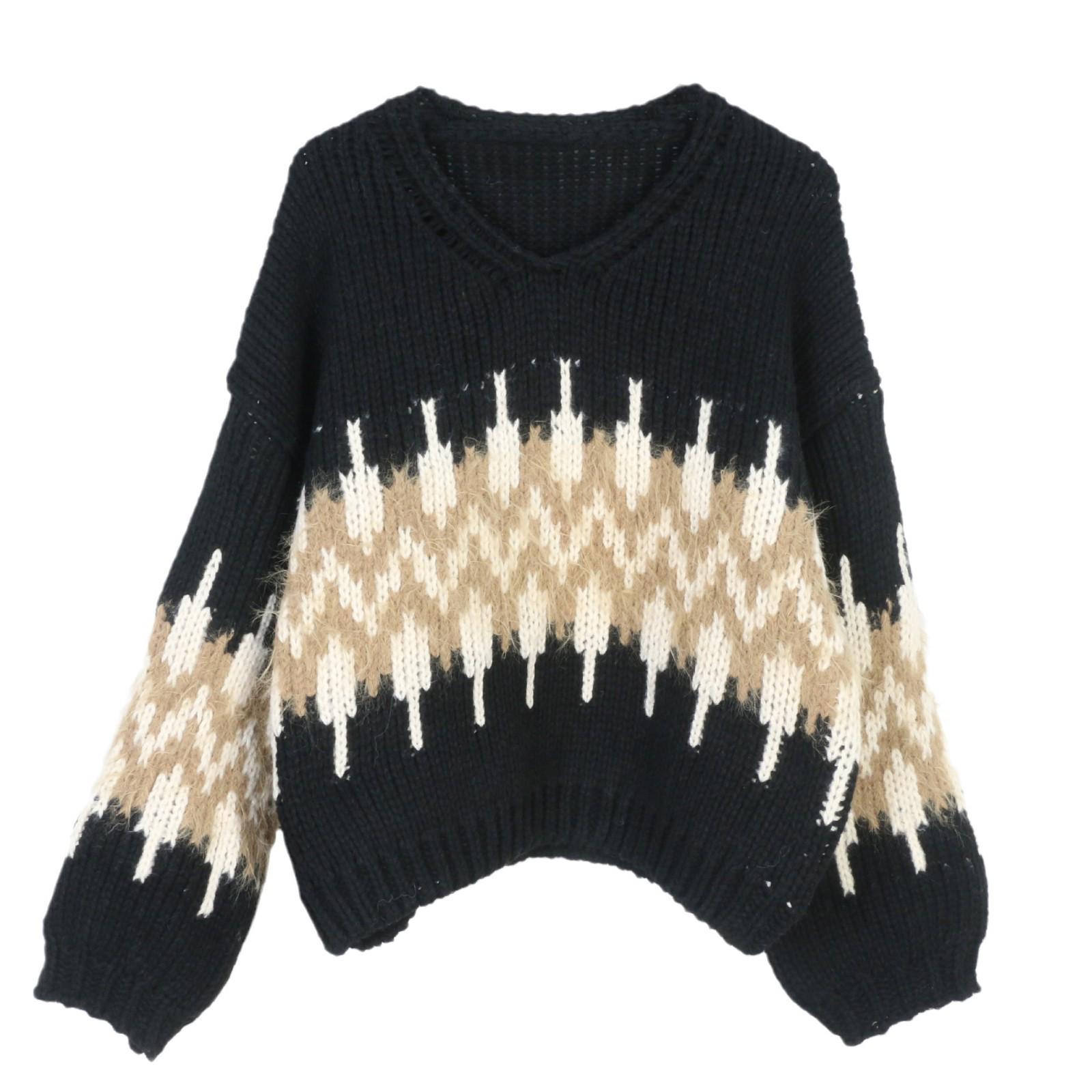 

Korean Autumn/Winter Color Block Jacquard Loose Casual Knitted Sweater Small
