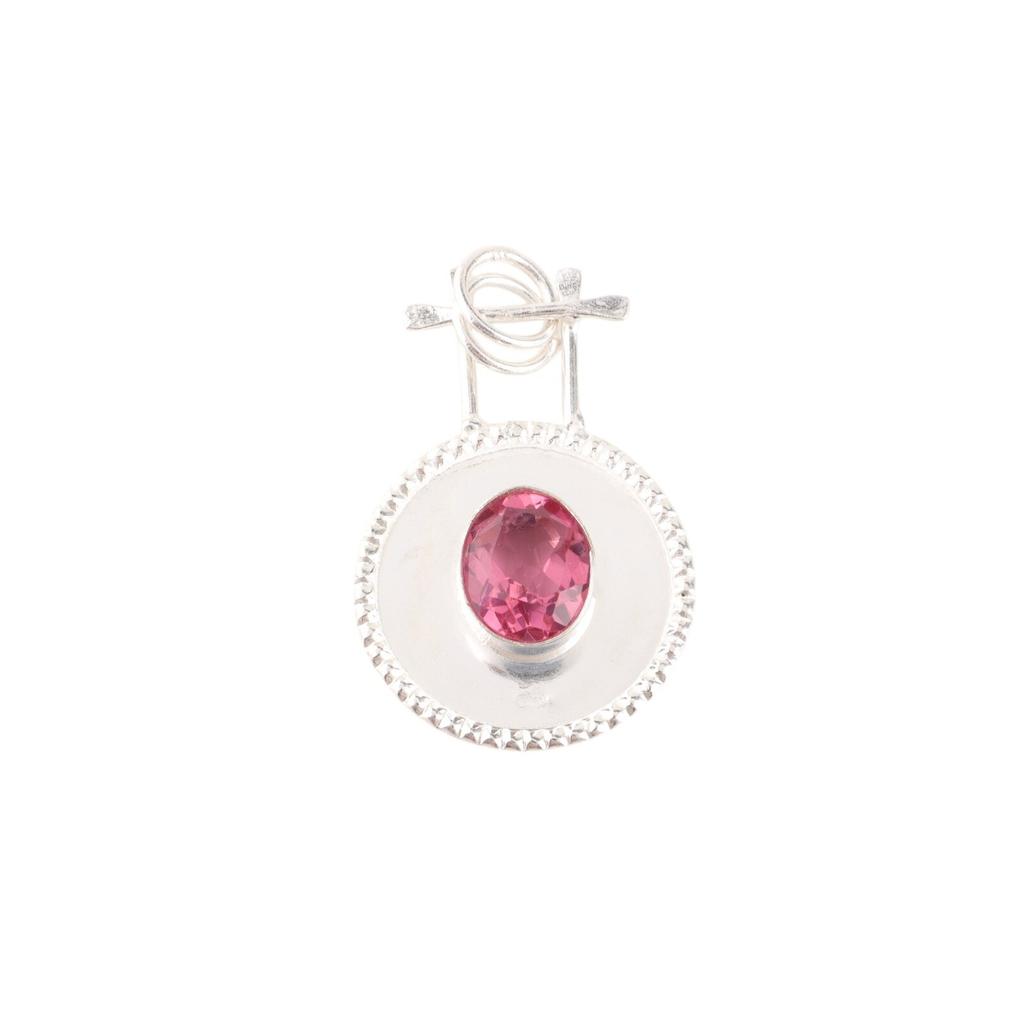 Pink Tourmaline Gemstone 925 Stamped Silver Jewelry Handmade Round Pendant 1.4" PP-57-11