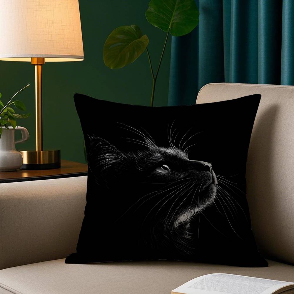 Schwarze Katze Niedlicher Kissenbezug Plüschstoff Weicher Kissenbezug Doppelseitiger Druck Sofakissenbezug Wurfkissen