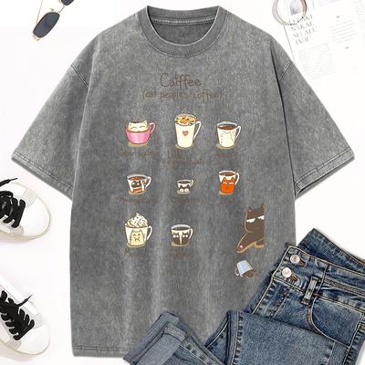 Katzenmenschen Kaffee Illustration Druck Damen Washed T-Shirt Trendy Rundhals T-Shirt Kleidung Baumwolle Kurzarm