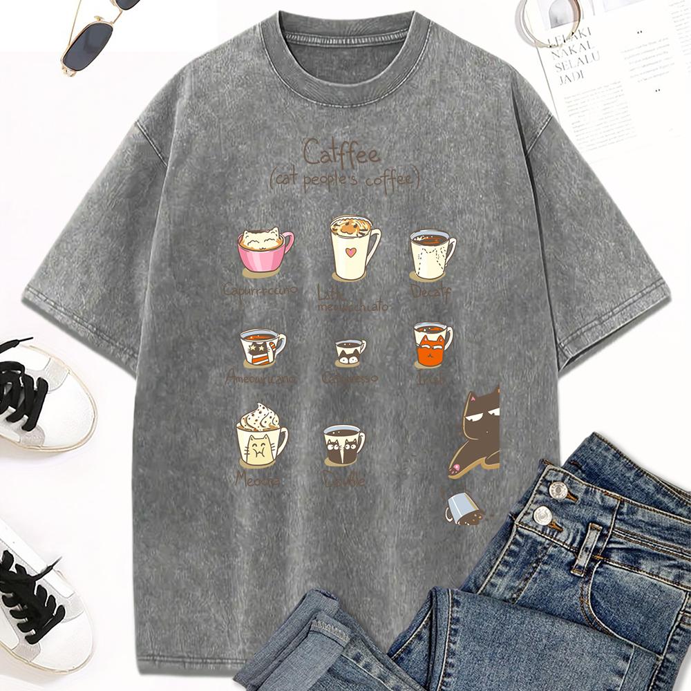 Cat People'S Coffee Illustration Print Women Washed T-Shirt Trendy Crewneck Tee Shirt Clothes Cotton Short Sleeve