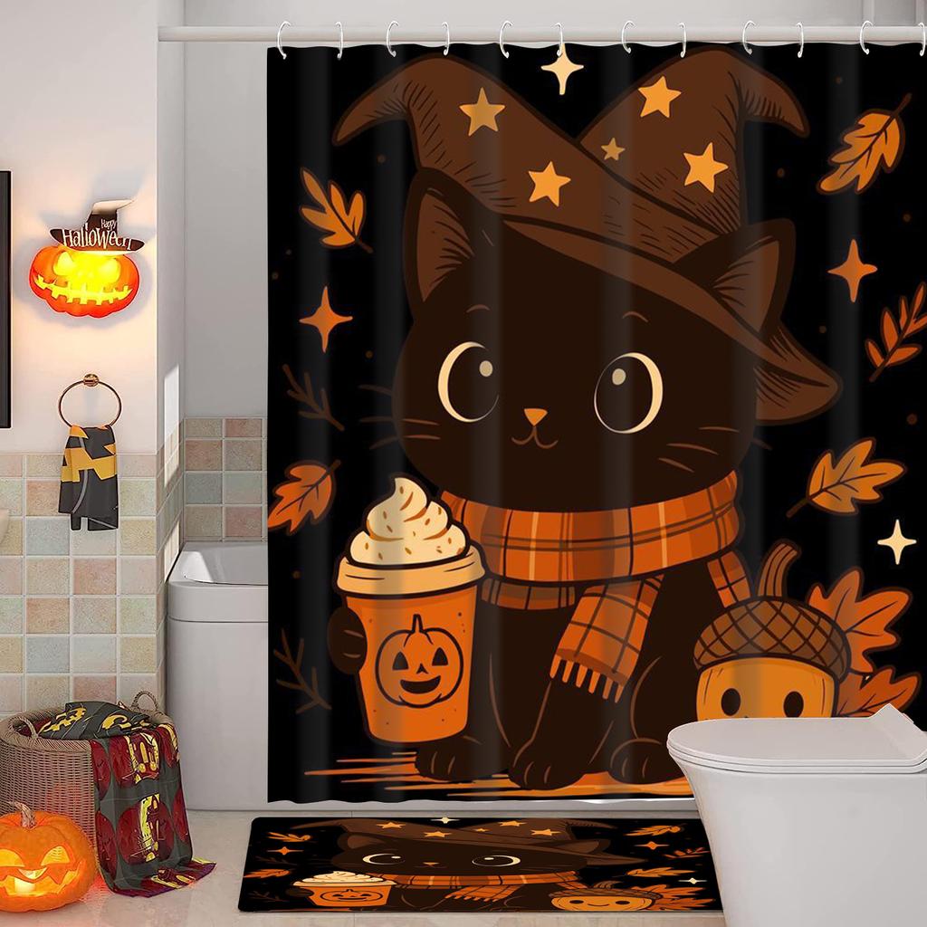 2025 Halloween Cats Pattern Bathroom Shower Curtain With 12  Hooks Home Bathroom Decor And Accessories