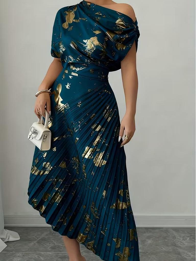 Asymmetrical Shoulder Gold Foil Pleated Dress for Women
