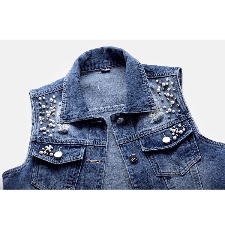 Women Denim Vest Pearls Spring Autumn Jeans Jacket Sleeveless Loose Short Coat Waistcoats Streetwear Female