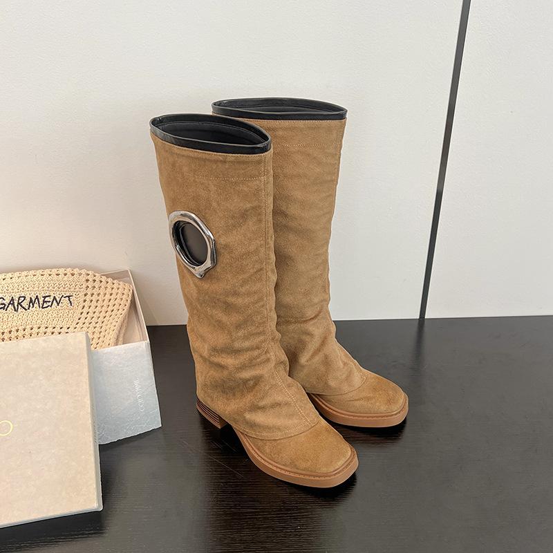 Star Meng Ziyi Has the Same Square Head Hole Design, Western Cowboy Boots, Women's Retro Versatile Thick-soled Thick-heeled Trouser Boots.