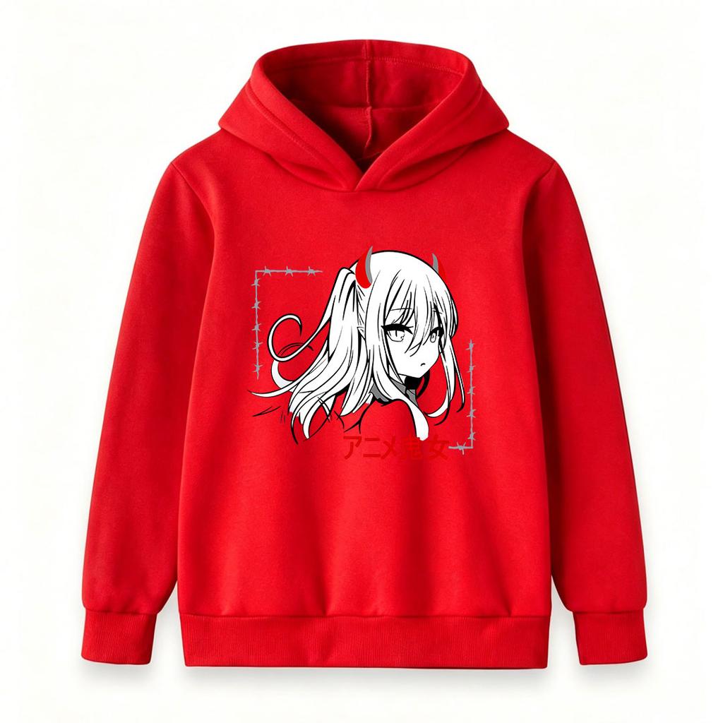 Kids Boys Girls Pullover Hoodie, Anime Demon Girl Horn Printed Casual Long Sleeve Hooded Sweatshirt, Soft Lightweight Streetwear Pullover for Daily We