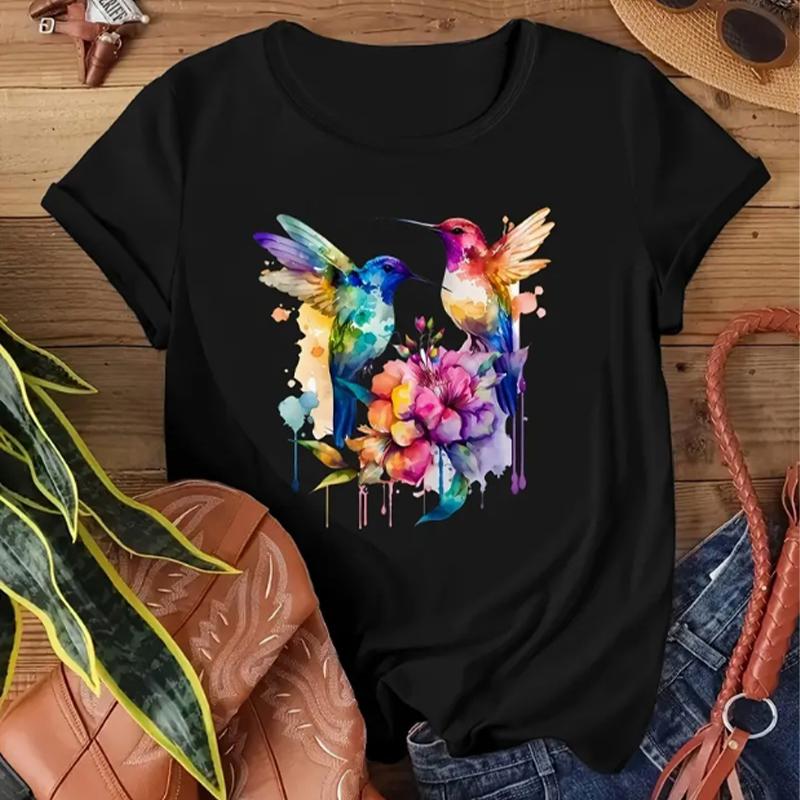 

Модная женская футболка с принтом цветов колибри 3D, забавная повседневная футболка с круглым вырезом и короткими рукавами, летняя женская футболка 4XL