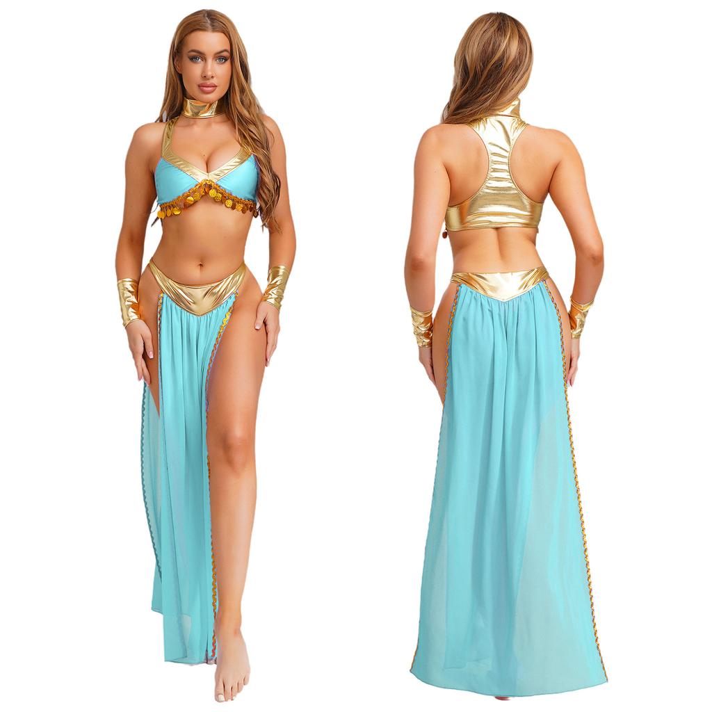 4-Piece Egyptian Queen Costume Set S-4XL for Womens - Crop Top Collar Sleeves and Side Slit Chiffon Skirt with Metallic Shiny Details