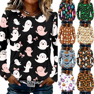 Women's Flannel Long Sleeve Neck Top with Halloween Print