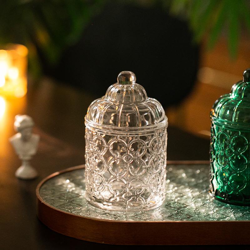 Clear Glass Candy Box Creative Jewelry Cosmetic Jewelry Candle Jar Home Embossed Snack Nuts Storage Jar Kitchen Food Container