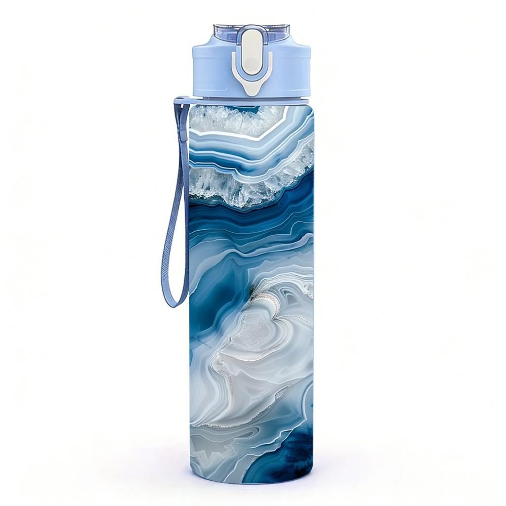 1PC Deep Blue White Gold Vein Marble Texture 750ml Color Plastic Sports Water Bottle Leakproof Flip Straw Lid Suitable for Sports Office Home Use
