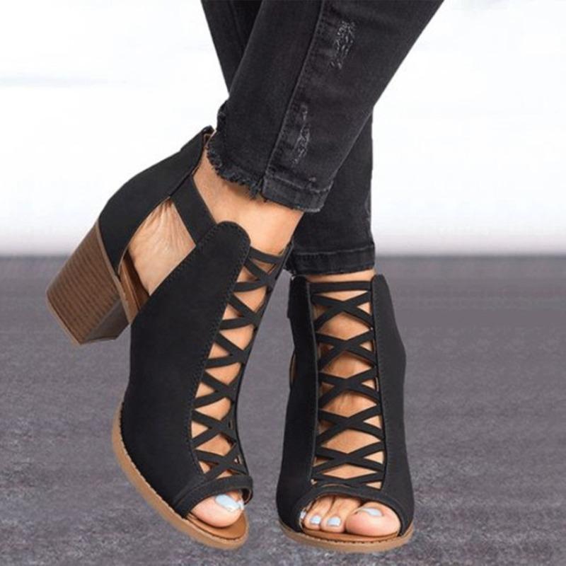 Spring and summer new large size women's fish mouth thick heel high heels mesh one-word ring buckle rear zipper women's sandals