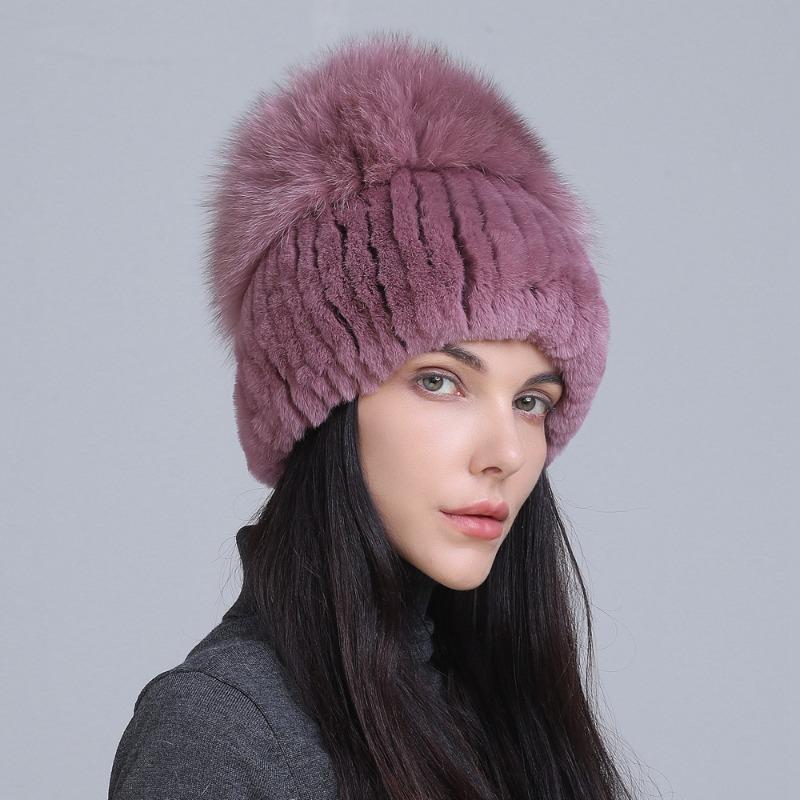 New fur hat Rex rabbit hat thickened versatile fox hair mushroom hat women's winter warm hat