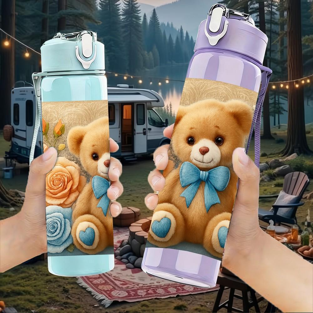 1PC Teddy Bear Rose Floral Print 750ml Color Plastic Sports Water Bottle Leakproof Flip Straw Lid Suitable for Sports Office Home Use