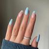 24Pcs Simple Green French False Nails Short Almond Fake Nails with Wave Line Design Wearable Round Head Press on Nail Tips