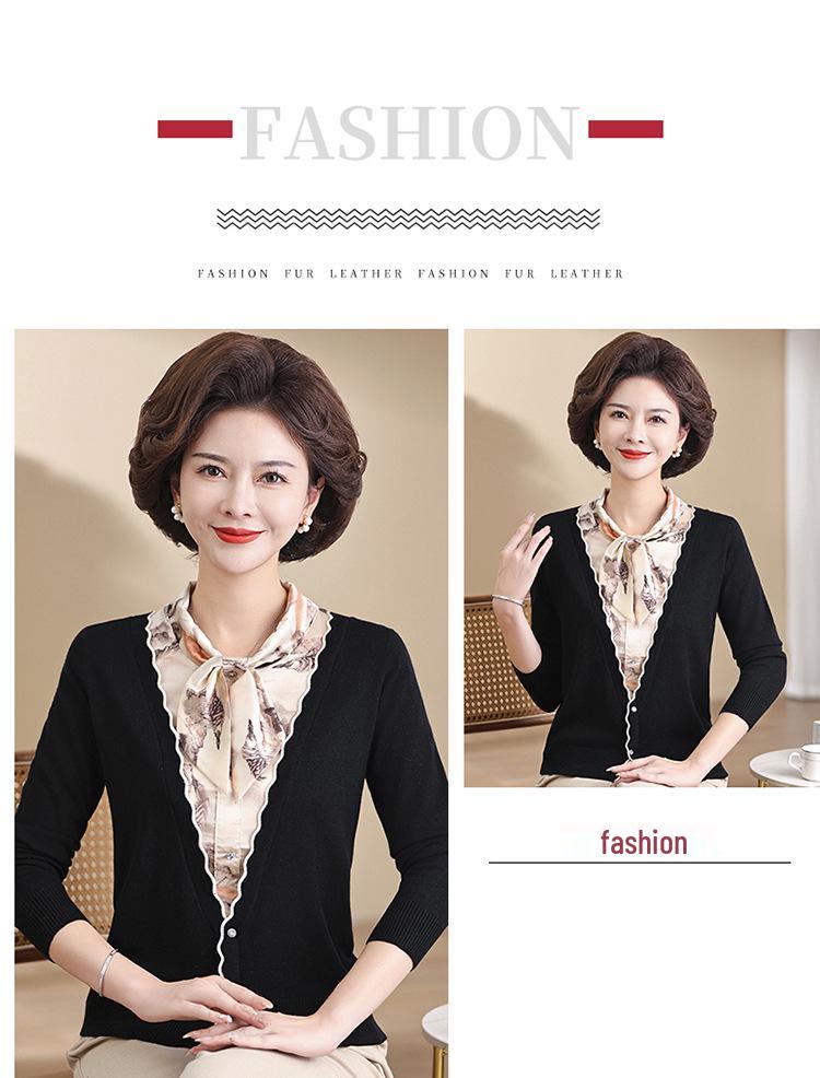 Stylish Spring/Autumn Knit Sweater: Faux Two-Piece Design for Middle-Aged Women