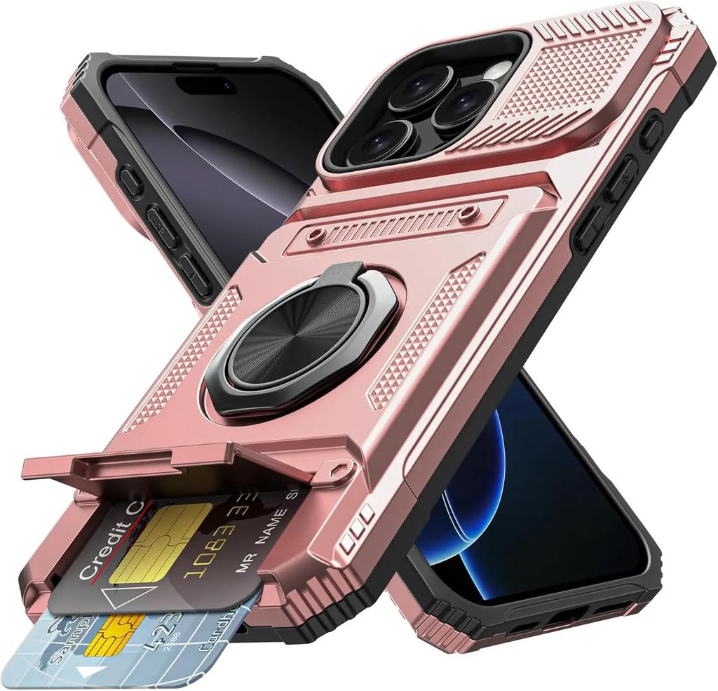 Phone Case For IPhone 13 14 15 16 Pro Max Plus Shockproof Heavy Duty Hard with Card Slot Magnetic Ring Holder Protective Cover