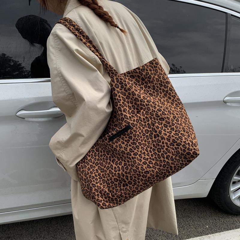 Retro Leopard Tote Handbags for Women College Girls Class Book Shoulder Bags Casual Double-sided Female Large Shopping Bag