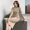 Women's Slim Knitted Wool Sweater Dress - Half Turtleneck, Long-Sleeved, Knee-Length, Autumn/Winter Style.