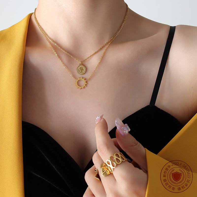 18K Gold Sun Embossed Portrait Pendant Necklace, Titanium Steel Clavicle Chain