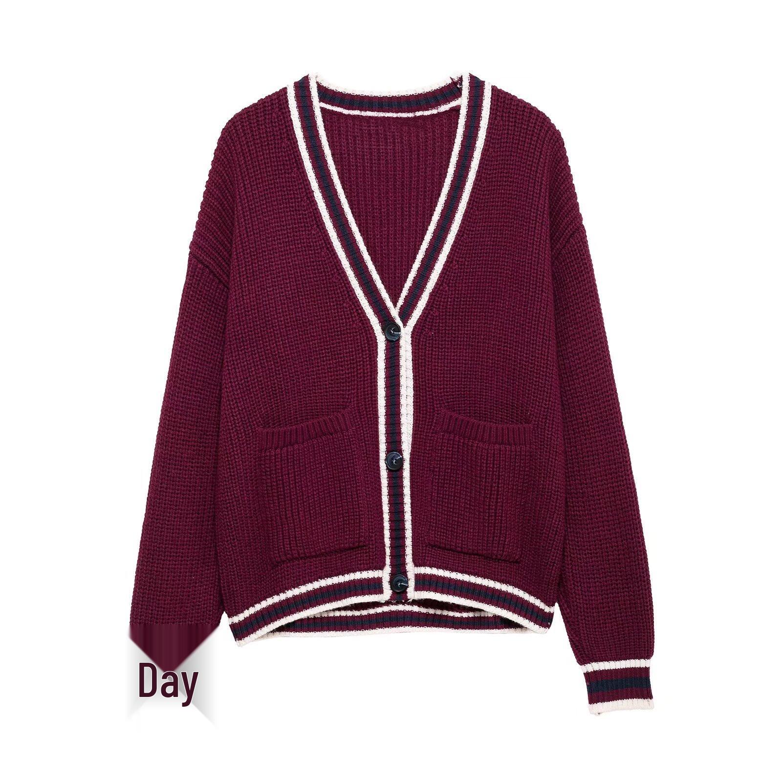 

Spring 2025 Women s V-Neck Cable Knit Color Block Cardigan L темно-красного
