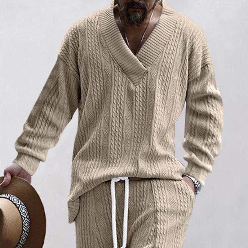 Spring and Autumn New Men's Jacquard Loose Knit Solid Color Casual V-neck Long Sleeve Knitted Sweater