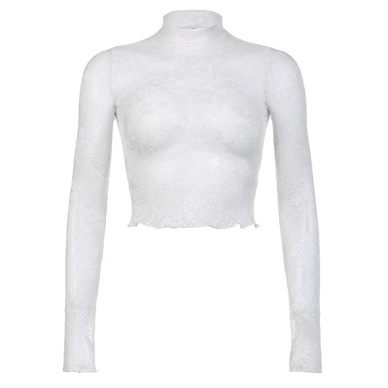 

H s European and American Women s Clothing Romantic Crochet Cut Out Lace Long Sleeves T-shirt Light and Transparent Slim Fit Bottoming Top White L