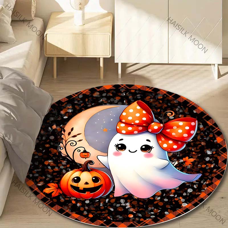 1PC Pumpkin Head Bat Castle Halloween Round Carpet for Kids Living Room Rugs Picnic Mats Flannel Anti-Slip Rug Luxury Gift