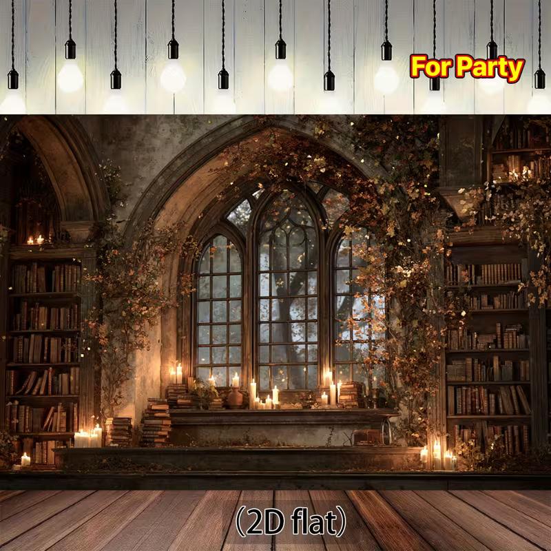 

2D Vintage Gothic Library Window & Books Photo Booth Backdrop 47.2x31.5inch/120*80cm