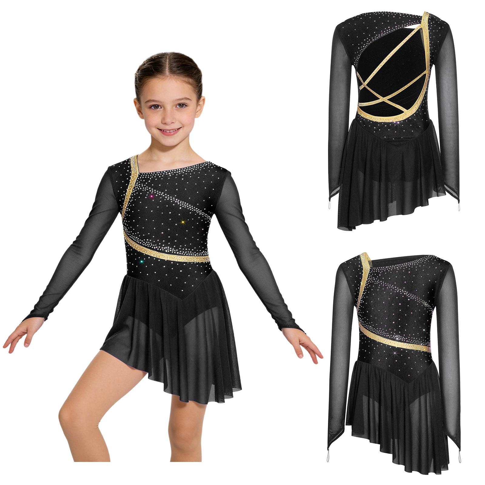 

Girls Figure Skating Dance Dress: Mesh Long Sleeves Strappy Back Shiny Rhinestones Asymmetrical Style with Built-in Briefs 5-6 Years чёрный