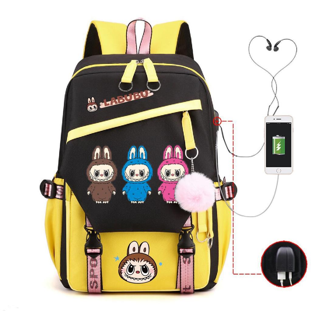 Labubu printed student schoolbag multi-function large capacity backpack with USB port
