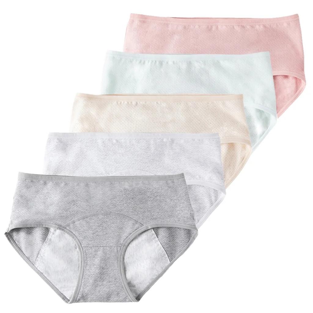 5 Pack Women's Cotton Leakproof Period Panties Middle Waist Comfortable Underwear Beige Dark Grey Light Green Light Grey Pink