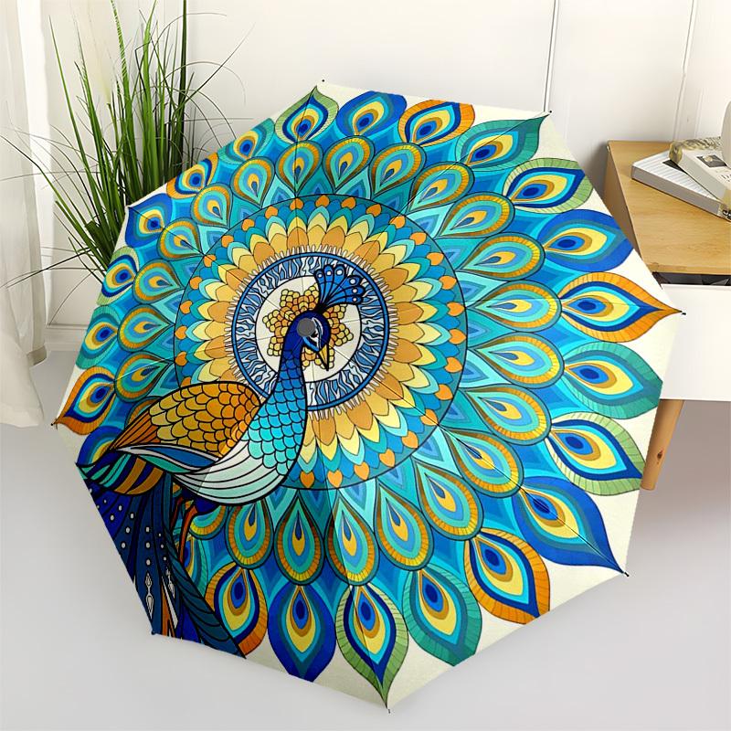 1pc Automatic Folding Umbrella with Peacock Mandala Design - Portable 3-Fold Design, 8-Bone Iron Frame Outdoor Umbrella, Perfect Festival Gift for Fan