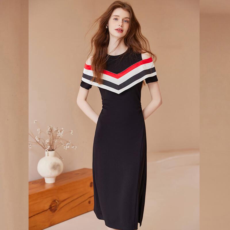 White Deer Language Striped Color-Block Off-Shoulder Midi Dress S