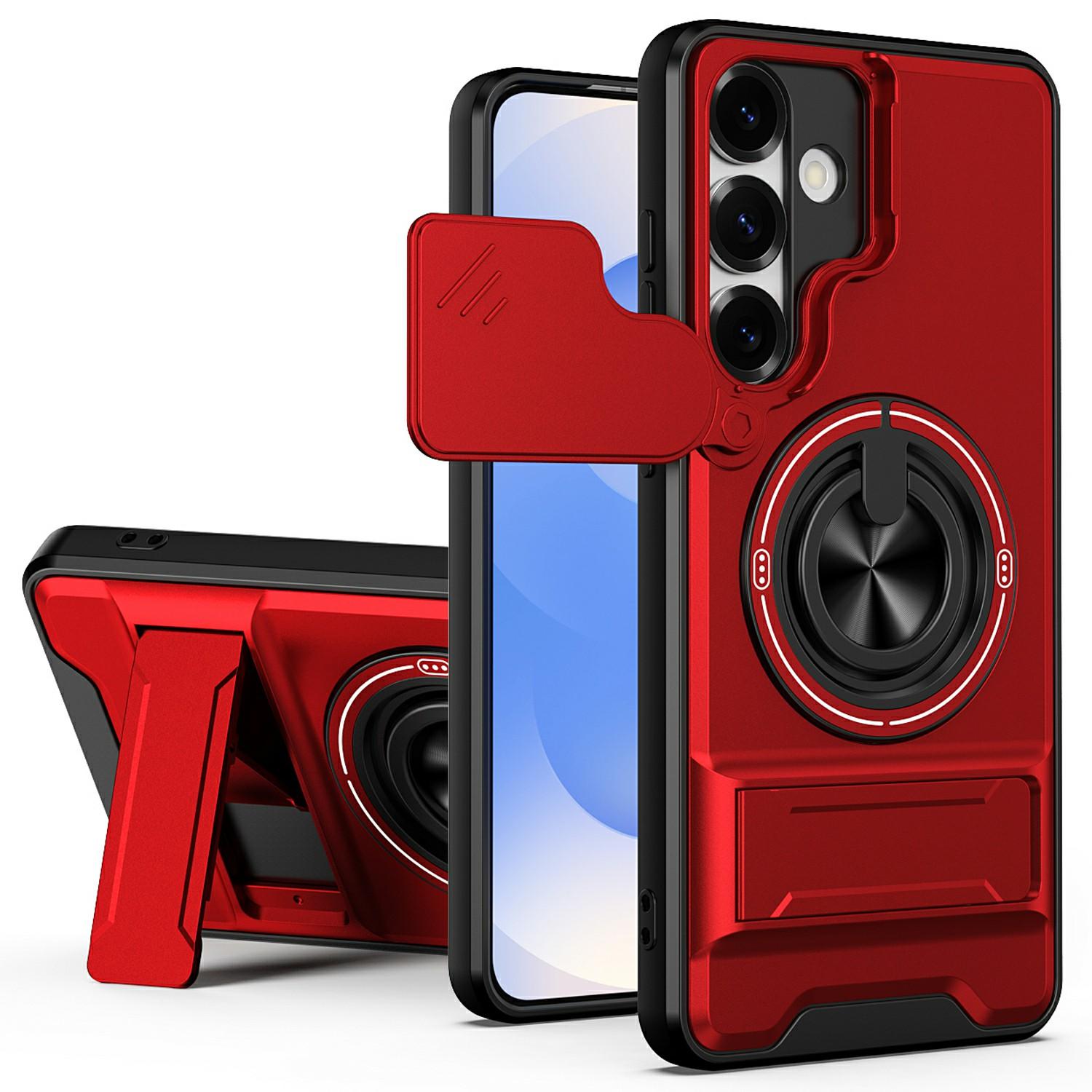 For Samsung Galaxy S25+ Magnetic Case Ring Holder Foldable Kickstand TPU PC Phone Cover with Camera Lens Slider